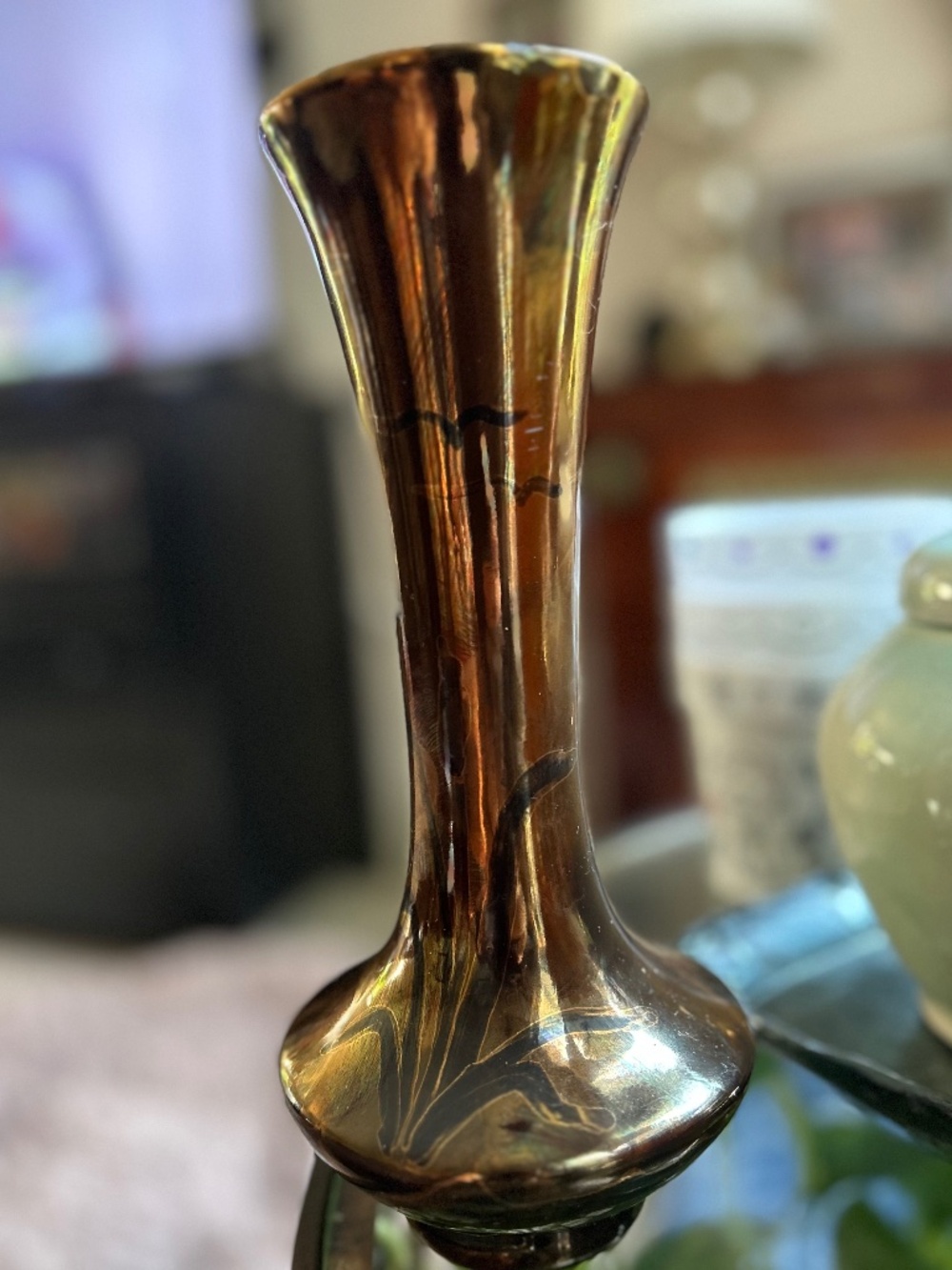 Vintage 12” Iridescent Copper Lustreware Trumpet Vase Metallic Art Pottery